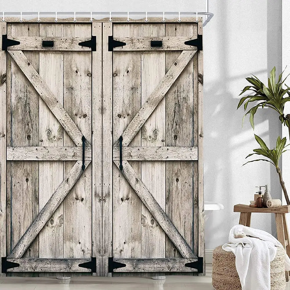Vintage Barn Door Shower Curtain Set - Farmhouse Style with Hooks (54x70)