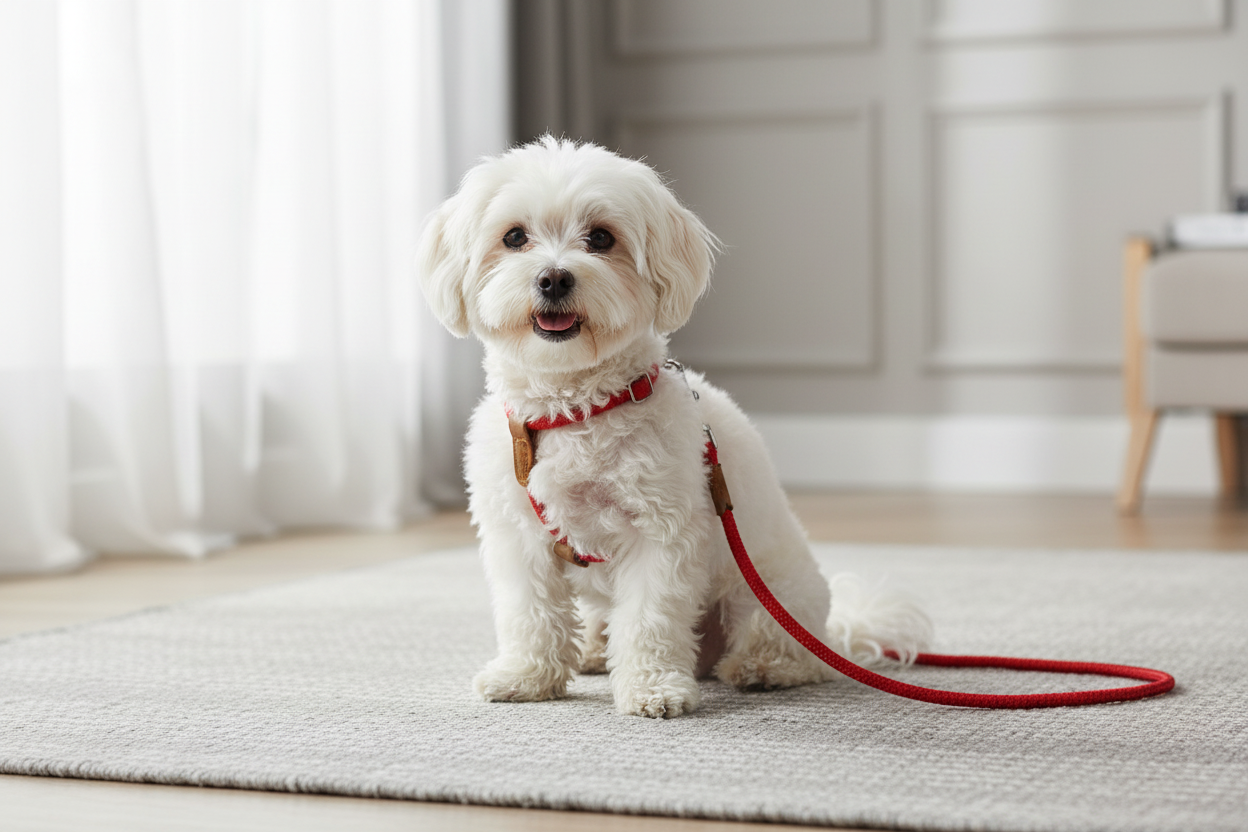 Small dog indoors wearing harness