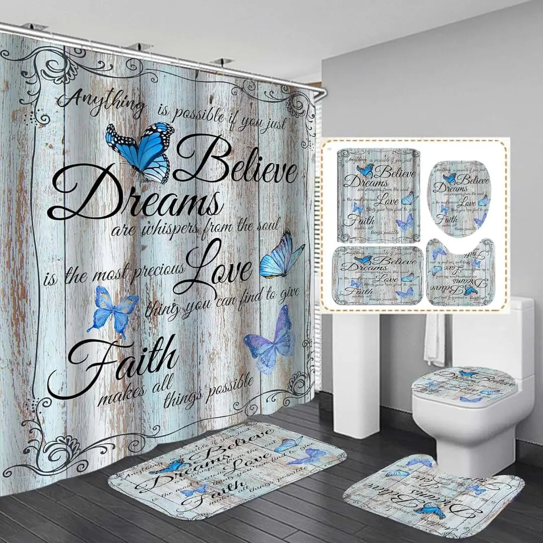 Blue Butterfly Bath Ensemble with Shower Curtain and Rugs