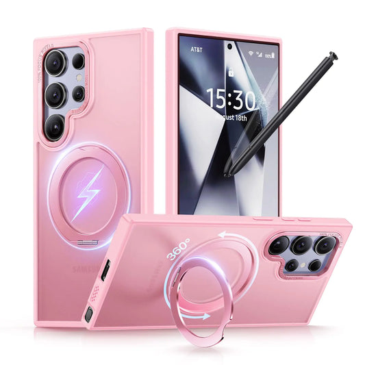 QTlier for Samsung Galaxy S24 Ultra Case 360° Rotatable Magnetic Ring Stand Case [Military-Grade Protection] [Raised Camera Frame] Case for Samsung Galaxy S24 Ultra Pink