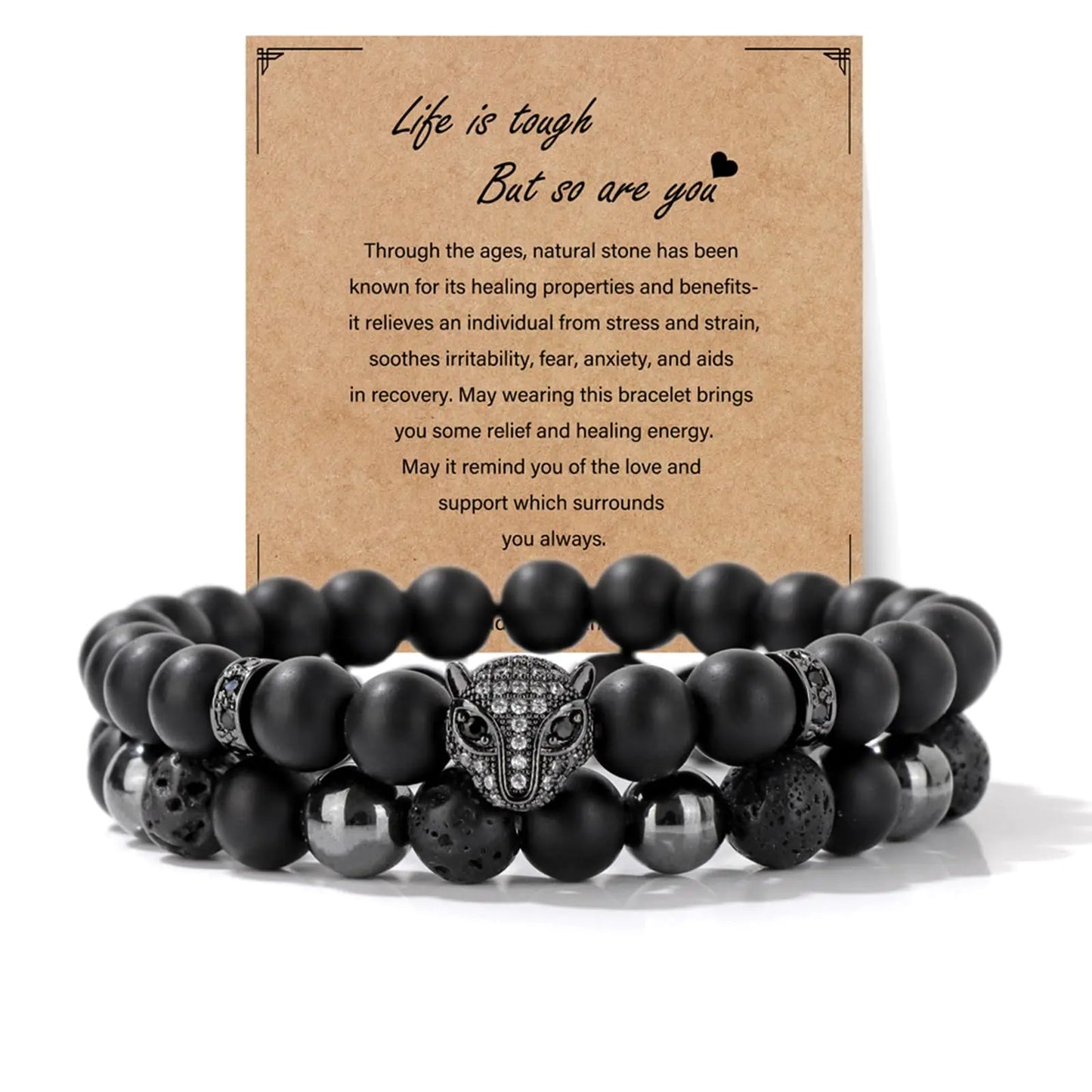 Obsidian & Hematite Men's Bracelet with Leopard Charm