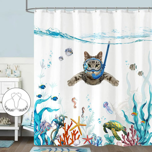 Ocean Whimsy Cat Shower Curtain