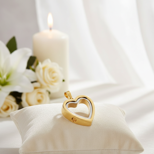 Heartfelt Remembrance: Stainless Steel Heart-Shaped Cremation Pendant in Peaceful Setting