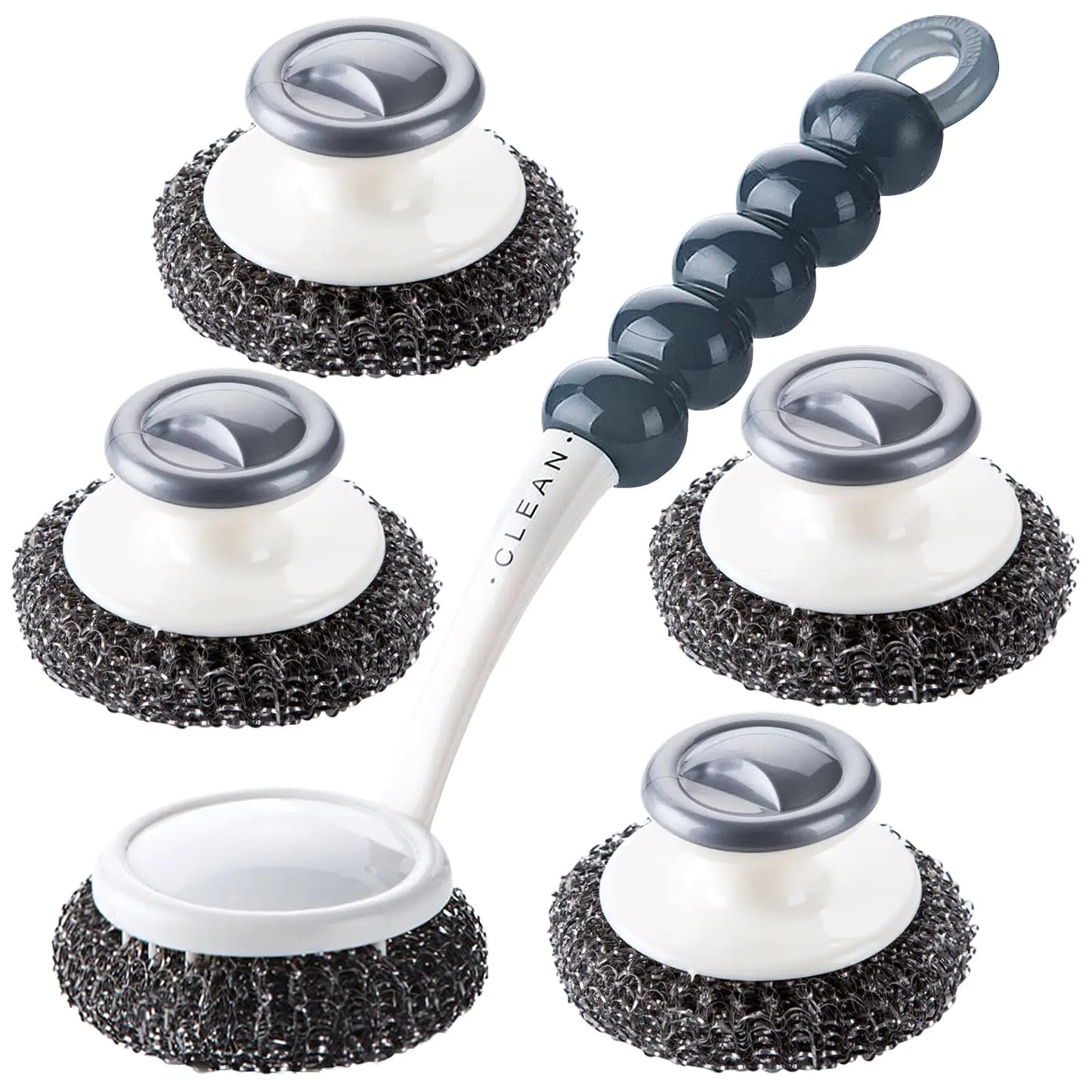 Stainless Steel Scrubber with Handle，Heavy Duty Cleaning Supplies for Pots Pans Grills Ovens & Other Tough Jobs (5P)