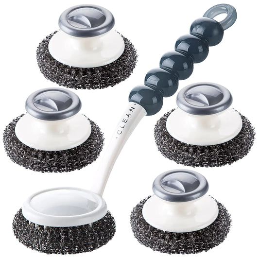 Stainless Steel Scrubber with Handle，Heavy Duty Cleaning Supplies for Pots Pans Grills Ovens & Other Tough Jobs (5P)