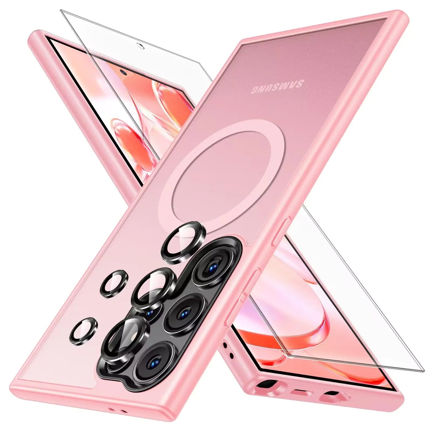 Matekxy MagSafe Compatible Case for Samsung Galaxy-S24-Ultra - with Screen Protector Camera Lens Protector Military-Grade Protection Non-Yellowing Magnetic Phone Case，Pink