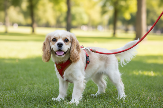 Small dog in park with harness
