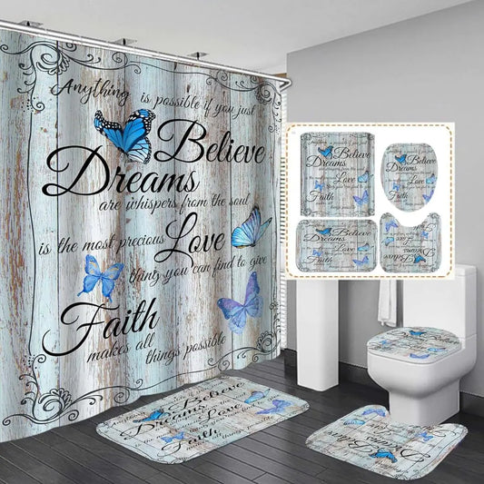 Blue Butterfly Bath Ensemble with Shower Curtain and Rugs